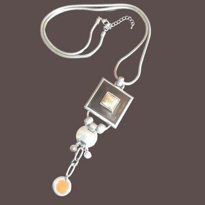Vintage Pendant Necklace Silver Tone Metal 26" Brown, Orange & Silver Pendant